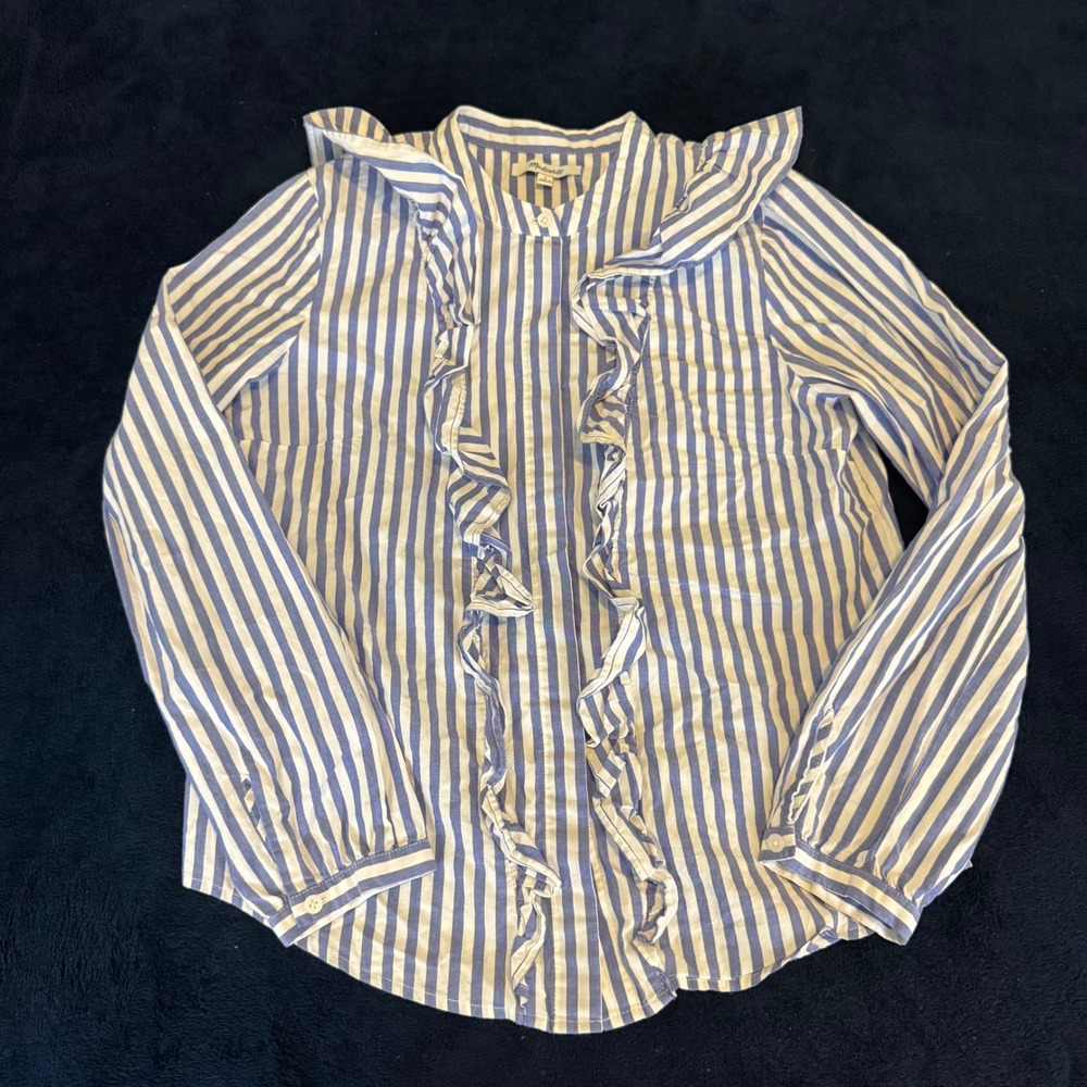 Madewell Blue White Striped Ruffle Front Cotton Button Down Blouse G7898 WomensS